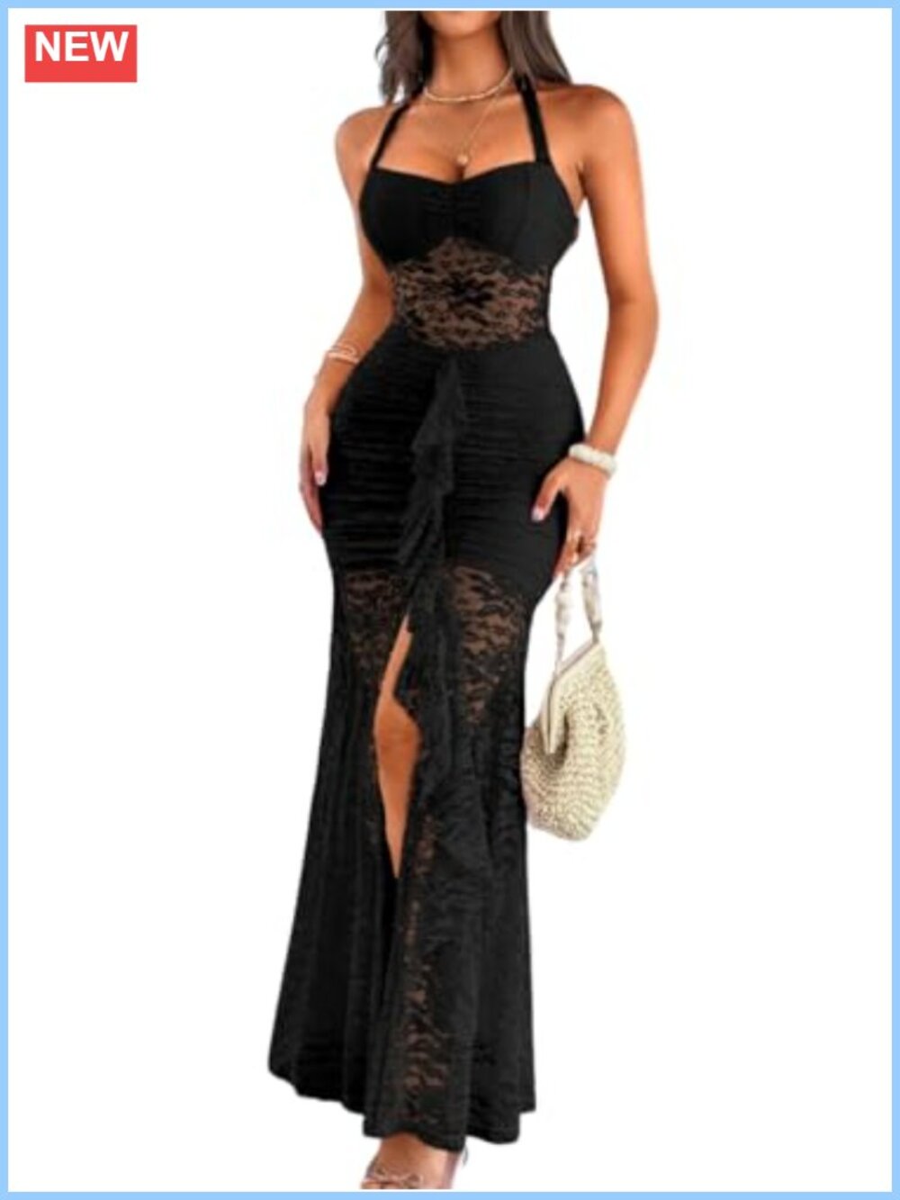 Sexy Lace Bodycon Halter Maxi Dress High Slit Backless Formal Prom Wedding